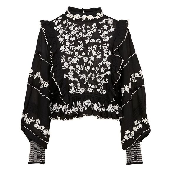 Farm Rio Women's Black White Embroidered Ruffle Long Sleeve Blouse Small NWOT - Picture 1 of 15